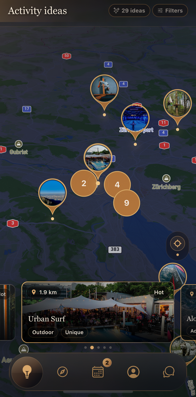 The idea map with clustered pins over Zurich